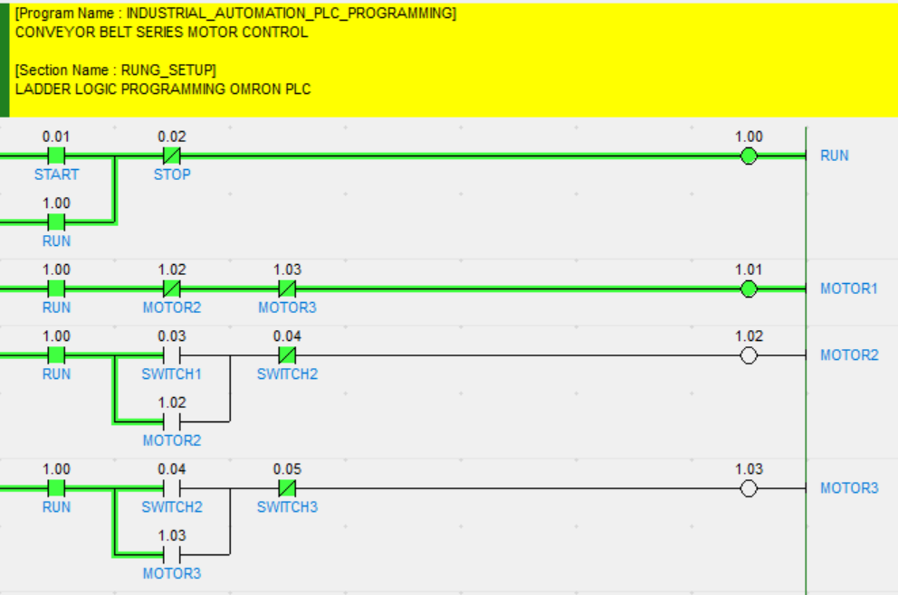 Three-motor conveyor sequence ladder logic in Omron CX-Programmer